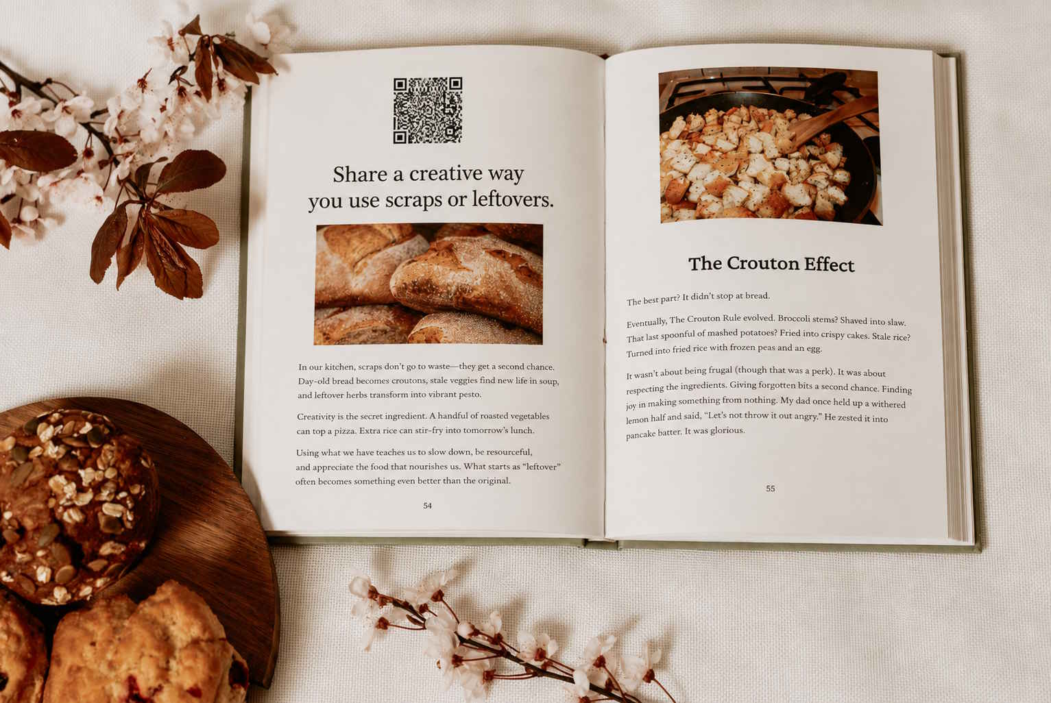 Open family cookbook showing two food stories