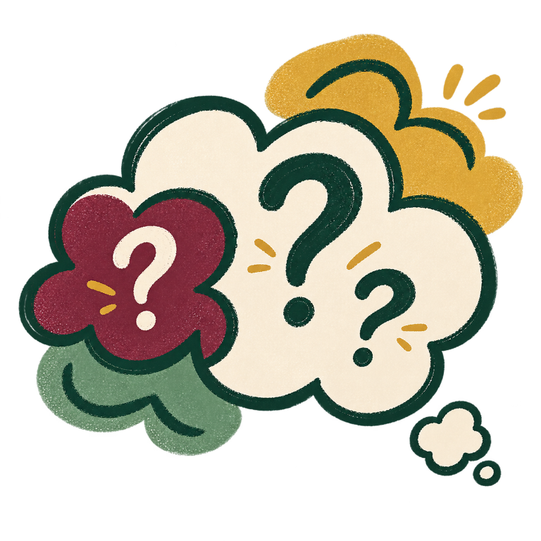Hand-drawn thought bubbles filled with question marks