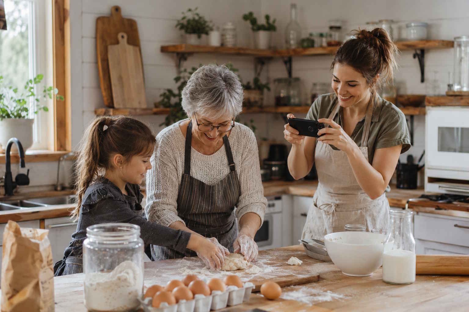 Three generations cooking together in a family kitchen
