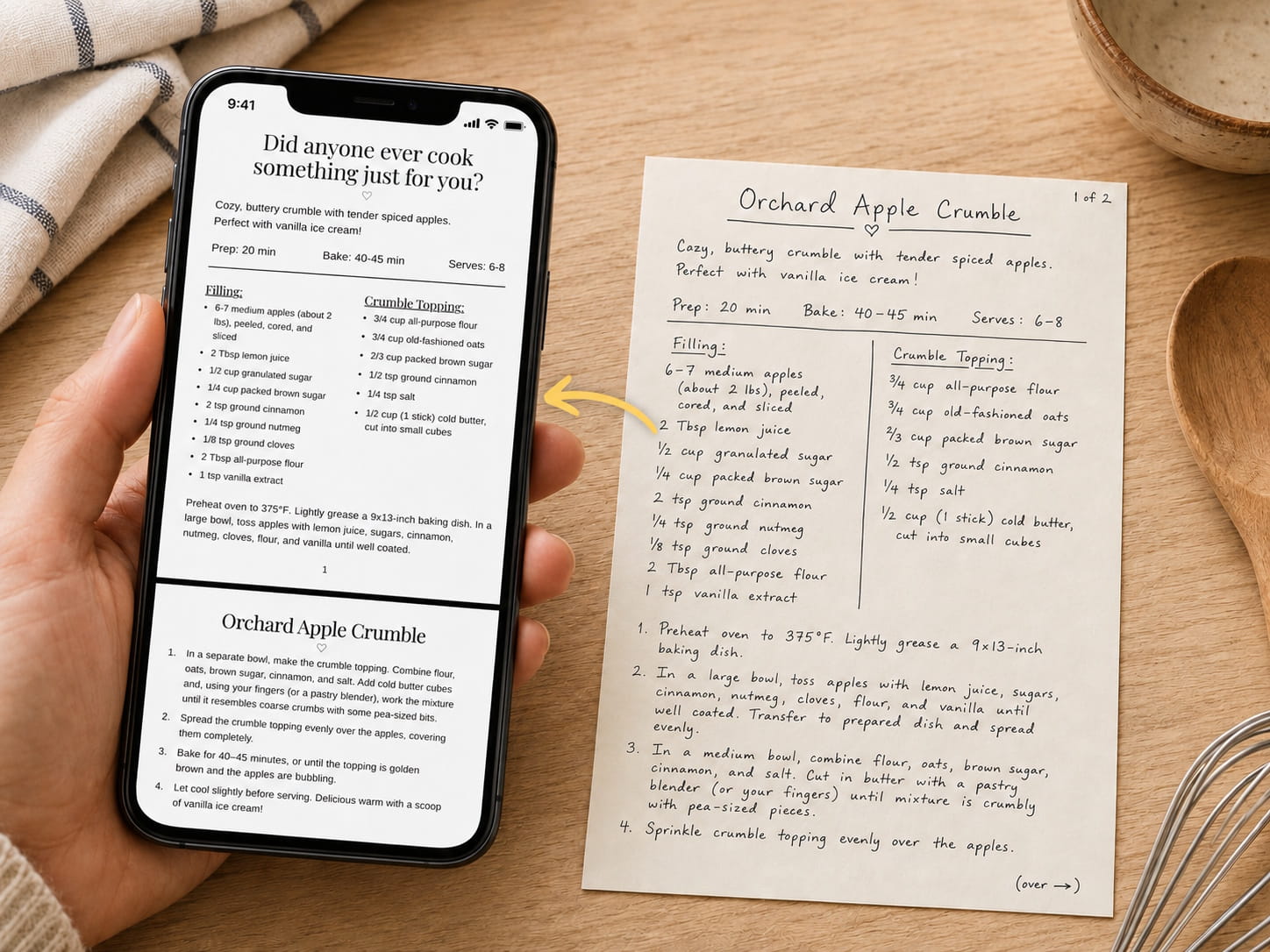 Mother and daughter photographing a handwritten recipe card beside its finished digital recipe page