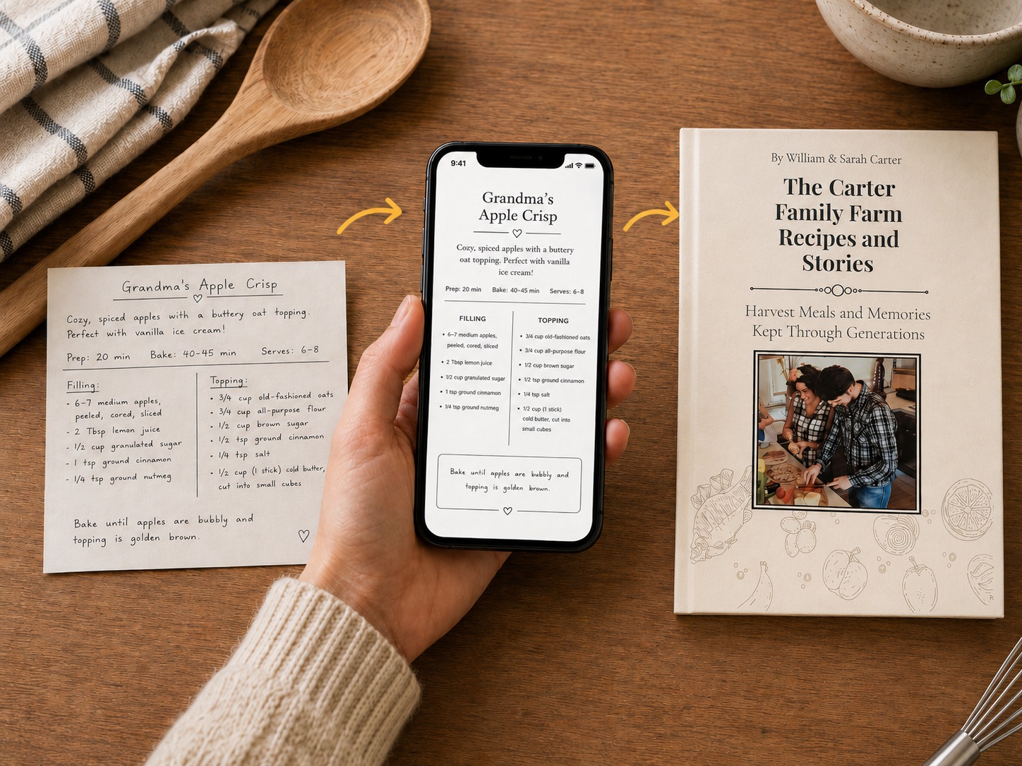 Handwritten recipe beside its editable version on a phone