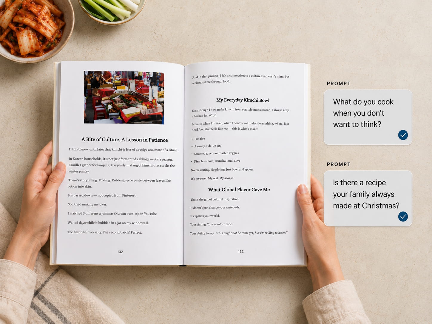 Open family cookbook beside two food-memory prompts