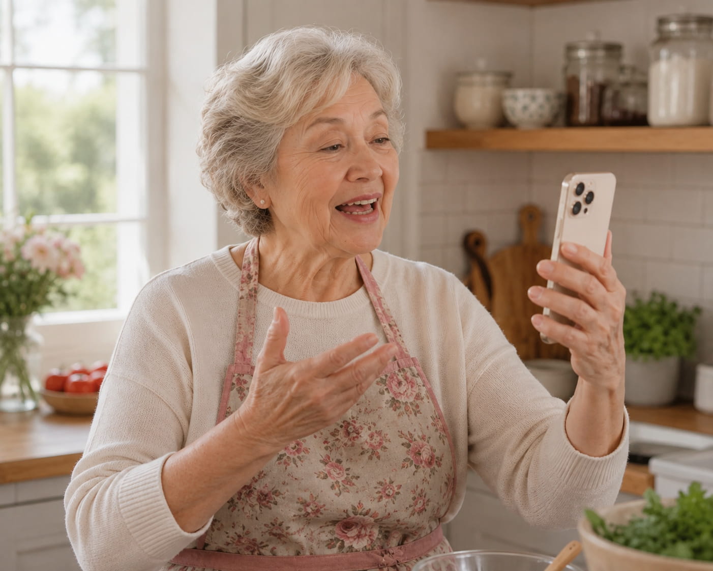Woman sharing a family recipe by video on her phone