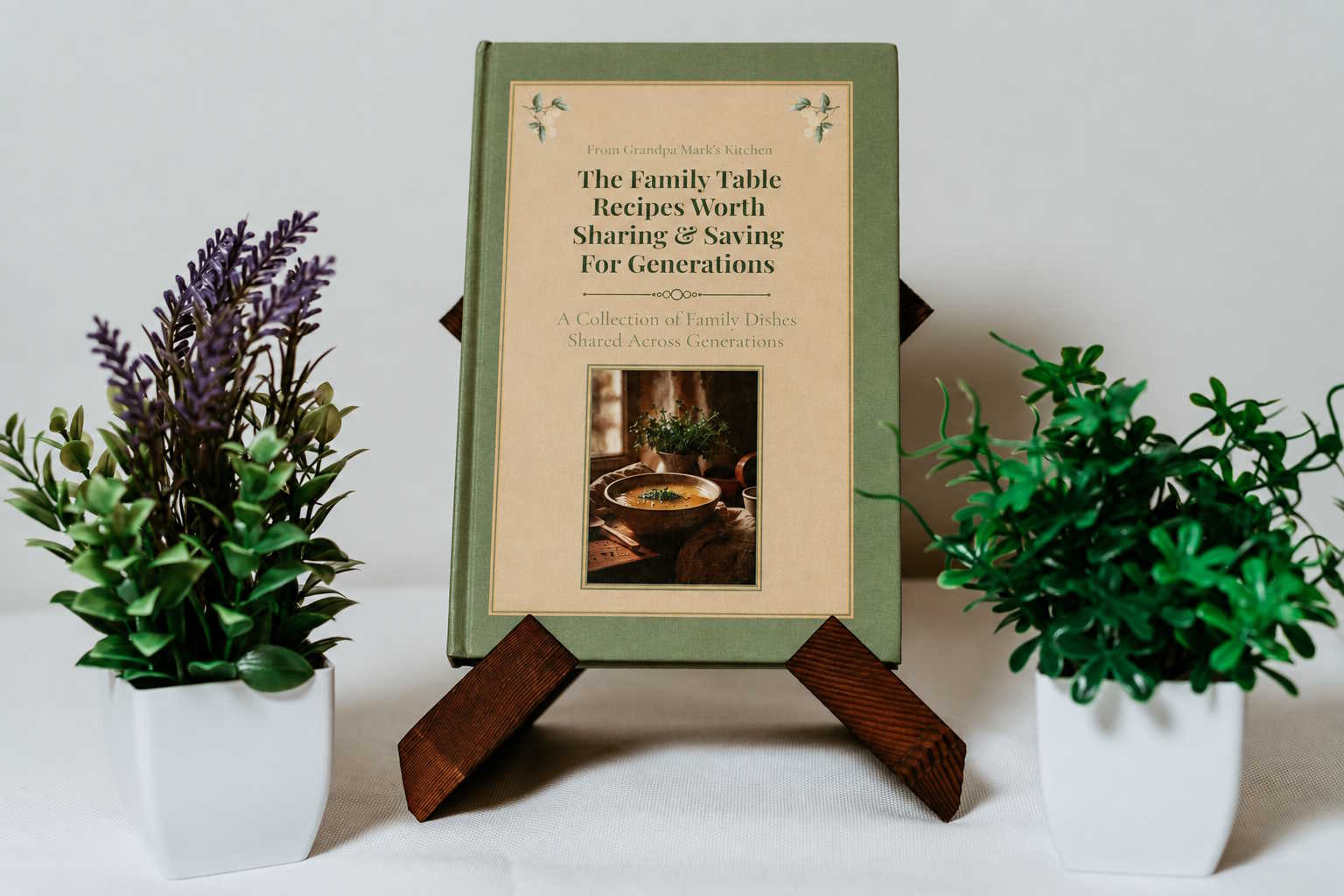Personalised family cookbook displayed on a wooden stand